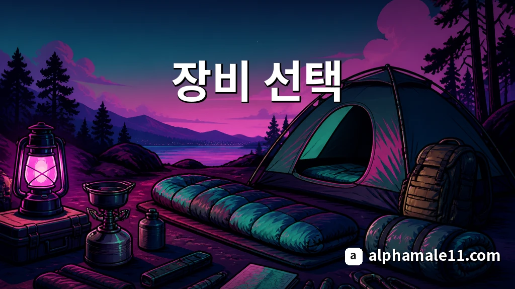 텐트 침낭 버너가 정돈된 캠핑 장비 선택 장면