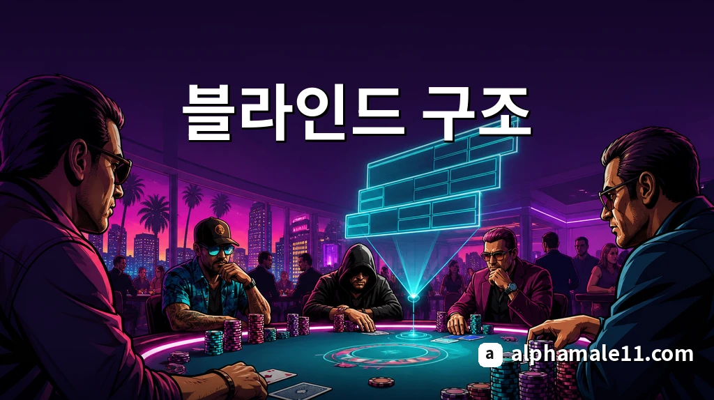 블라인드 레벨 보드가 떠 있는 홀덤 토너먼트 장면