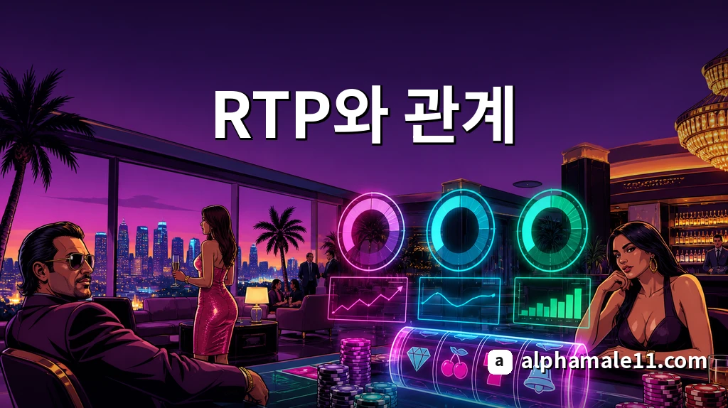 RTP와 변동성 그래프가 홀로그램으로 떠 있는 카지노 라운지