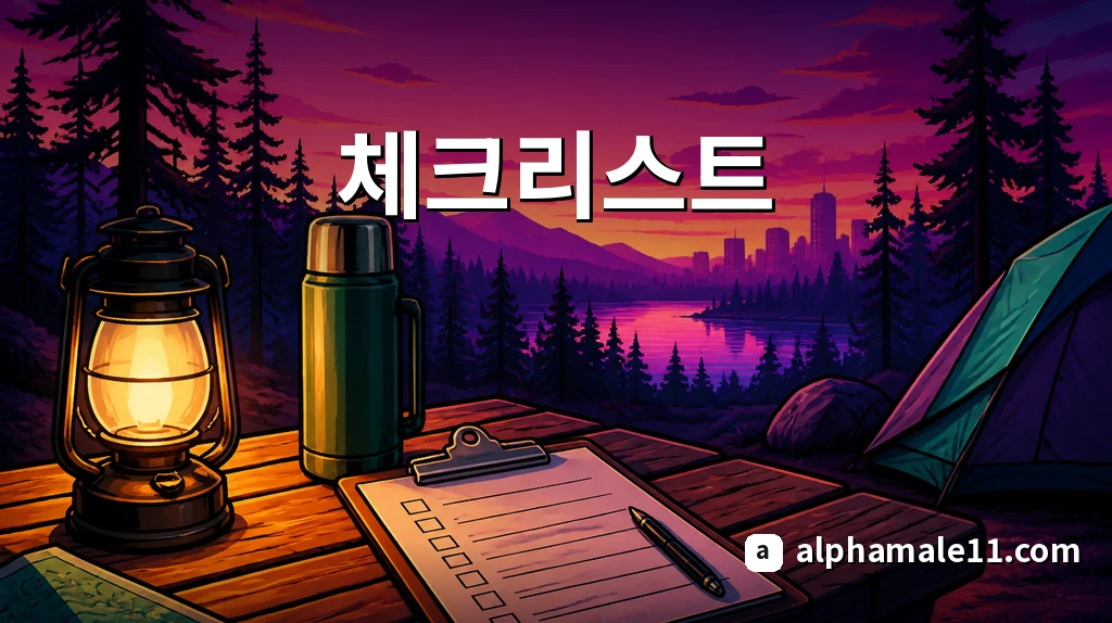 체크리스트 클립보드와 랜턴이 놓인 캠핑 테이블