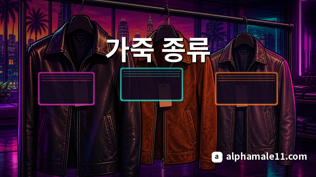 가죽 종류 — 네온 조명 아래 세 가지 가죽 자켓