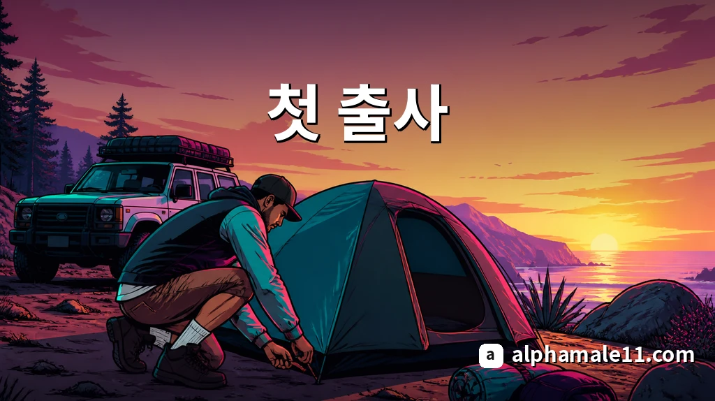 첫 출사 아침 캠프장에서 장비를 설치하는 장면